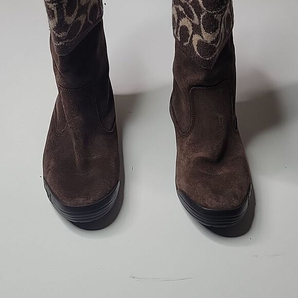COACH 7.5 SUEDE LEATHER + WOOL BROWN BLACK TAN TATUM BOOTS 7 1/2 - Picture 2 of 14